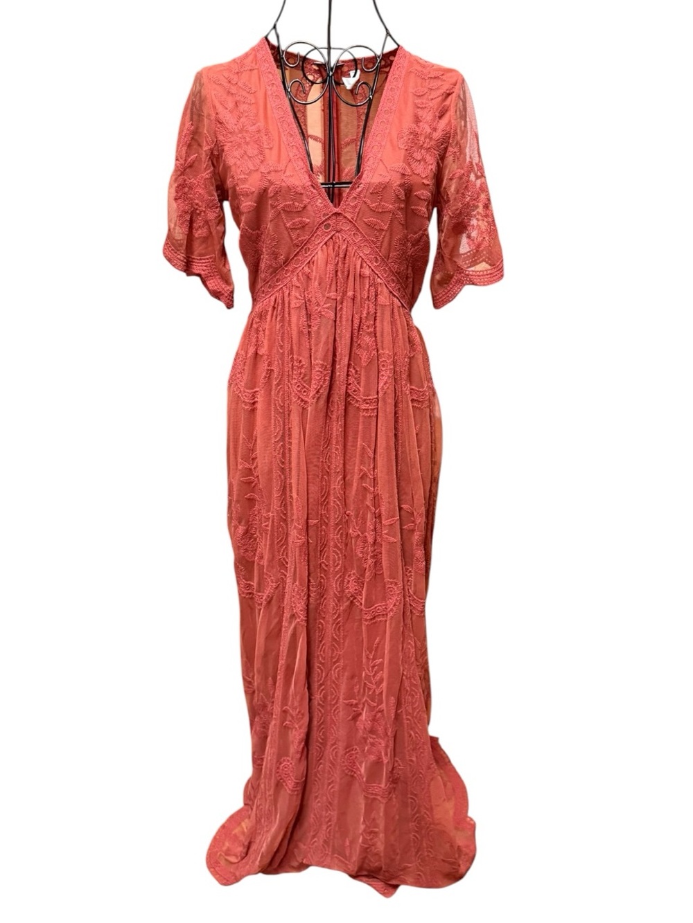 Pinkblush Coral Exquisite Lace Empire-Waist Romantic Maxi Dress Small